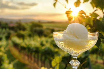 sparkling wine sorbet in elegant glass over vineyard landscape during sunset - obrazy, fototapety, plakaty
