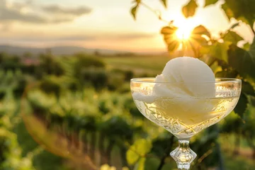 Foto auf Acrylglas sparkling wine sorbet in elegant glass over vineyard landscape during sunset © Klay