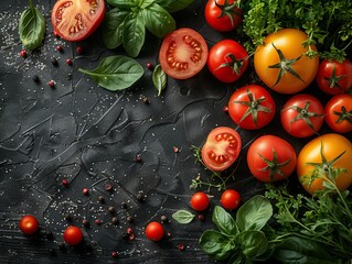 Vegetables and fruits. On a black vintage wooden background, top view.