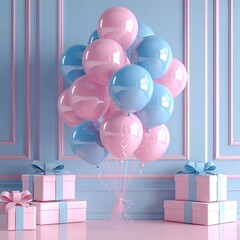 Pink and blue balloons and gift in an elegant living room, gender reveal party