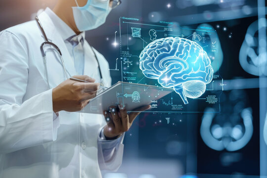 Medicine doctor with electronic medical record of human brain anatomy with X-ray images Digital healthcare, research and medical technology concept