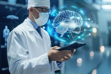 Medicine doctor with electronic medical record of human brain anatomy with X-ray images Digital healthcare, research and medical technology concept