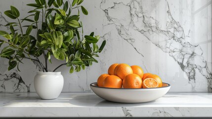 White Vase With Oranges on Table - obrazy, fototapety, plakaty