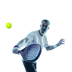Padel player open tour isolated on white background. Man athlete with paddle racket and ball. Sport concept. Download a high quality photo for sports ads at social media stories or shorts. © Mike Orlov