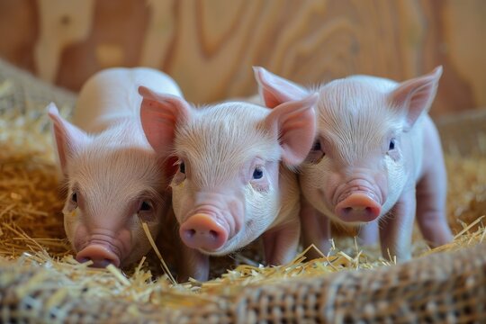 Adorable Trio of Baby Piglets on a Farm - Domestic Animals and Lovely Pets to Watch