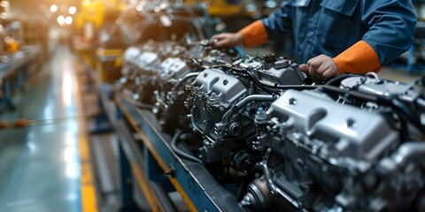 Technicians installing engines and transmissions into vehicles during manufacturing process. Concept Vehicle Assembly, Engine Installation, Transmission Assembly, Automotive Manufacturing