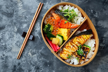 japanese bento box with sashimi, rice, and assorted pickled vegetables on dark slate - obrazy, fototapety, plakaty