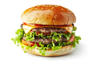 Burger On White Background - Juicy Cheeseburger with Beef, Tomatoes, Lettuce and Cheese on Isolated Bun