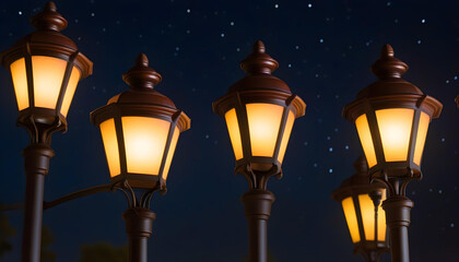 A close-up photo of various street lamps at night