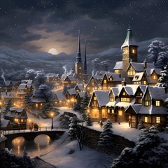 Digital painting of a small town in the middle of a snowy night