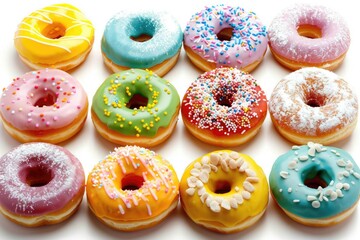Colorful Donuts Isolated on White Background. Delicious and Sweet Food with Sugary Icing in Various Colors