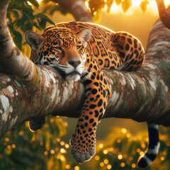 Jaguar on the tree in sunset. Panthera onca