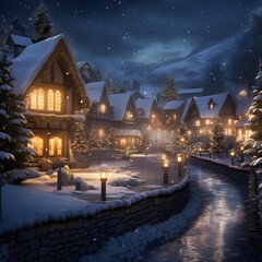 Winter cottage in the village at night with a beautiful starry sky