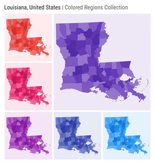 Louisiana, United States. Map collection. State shape. Colored counties. Deep Purple, Red, Pink, Purple, Indigo, Blue color palettes. Border of Louisiana with counties. Vector illustration.