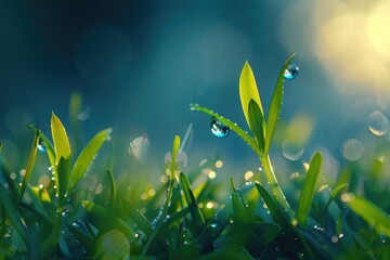 Fototapeta na wymiar Dew Drops on Grass in Nature's Serenity: A Refreshing Glimpse of Spring and Summer