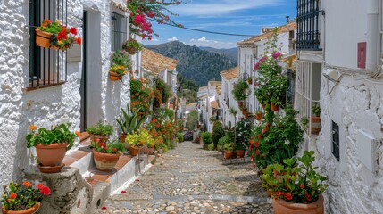 Narrow Street Adorned With Potted Plants and Flowers