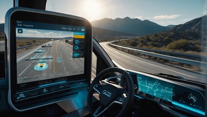 Autonomous Electric Van semi truck car driving on a highway with technology assistant tracking information, showing details
