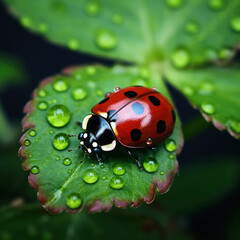 ladybug on green leaf with water drops close-up macro