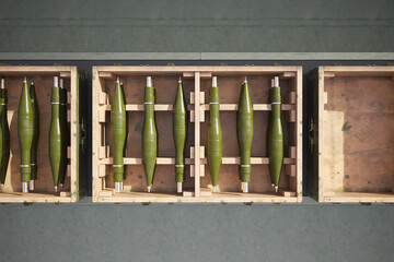 Overhead View of Green Artillery Shells in Wooden Crates Ready for Transport