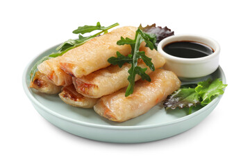 Tasty fried spring rolls, arugula, lettuce and sauce isolated on white