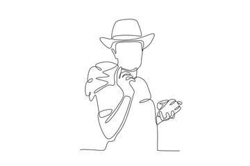 Man showing off his vegetable harvest.People picking herbs or veggie one-line drawing