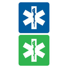 Cruces en color verde y azul de farmacia sobre un fondo blanco aislado. Vista de frente y de cerca. Copy space - 767221722