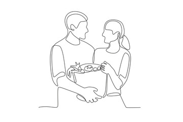 A couple who have finished harvesting vegetables.People picking herbs or veggie one-line drawing