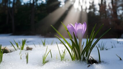 Sunbeam illuminates crocus flower emerging through springtime snow backdrop