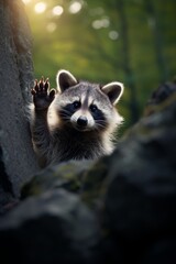Charming raccoon with raised paws, displaying a sweet smile in a delightful pose