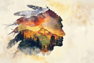 Native American Silhouette Morphing into Autumn Landscape. Tribal Illustration with Watercolor Style