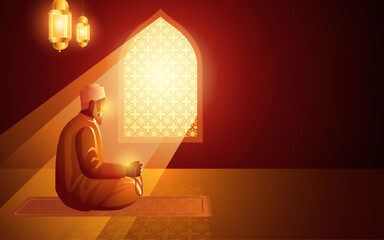 In a serene and quiet room, a solitary figure engages in the profound act of night prayers, known as Tahajjud in Islamic tradition, vector illustration