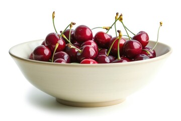 Perfect Red Ripe Cherries in a Crisp White Bowl. Mouthwatering Dessert or Snack Isolated on a White Background