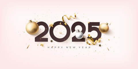 Premium happy new year 2025 design. With illustrations of numbers and pieces of gold paper and luxurious gold ribbon.