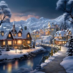 Snowy village at night. Digital painting. 3D illustration.