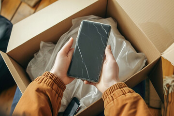 Joyous moment of person opening a delivered package, revealing the ordered smartphone inside. Joyful anticipation facial expression. - obrazy, fototapety, plakaty