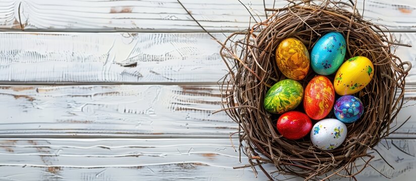 Colorful eggs in a nest on a white wooden background, set against an Easter-themed backdrop. Overhead view with room for text.