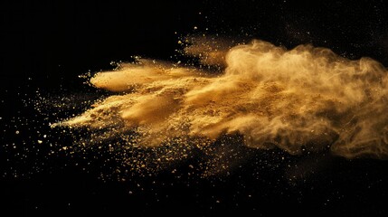 Explosion of small sand wave of golden grains abstract flying cloud yellow silica splash 