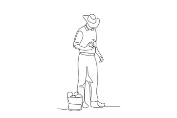Man harvesting tomatoes.People picking herbs or veggie one-line drawing