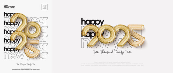 Happy New Year Design 2025. Poster, Vector Design Cover for Happy New Year 2025 celebration. Premium design with luxury gold numbers.