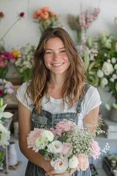 vertical image of beautiful smiling young caucasian woman florist with a bouquet in a flower shop