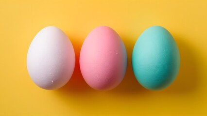 Fototapeta na wymiar Three Easter eggs pop against a cheerful yellow background