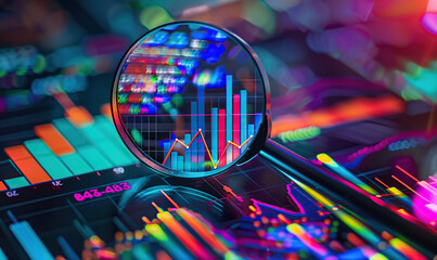 Fototapeta na wymiar A magnifying glass over an abstract digital chart with upward trending lines, representing stock market growth or financial analysis.