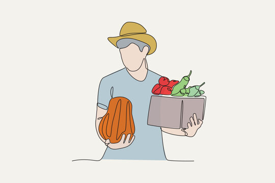Man holding pumpkin and basket of vegetables,colored.People picking herbs or veggie one-line drawing