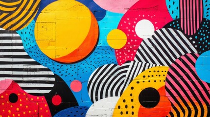 Pop art style backdrop, bold graphics, colorful.