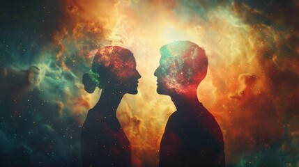 Man and woman silhouettes at abstract cosmic background. Human souls couple in love.

