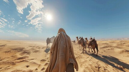 Medieval Arab cavalry crossing the desert in hot weather.