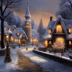Winter night in the village. Christmas and New Year's mood.