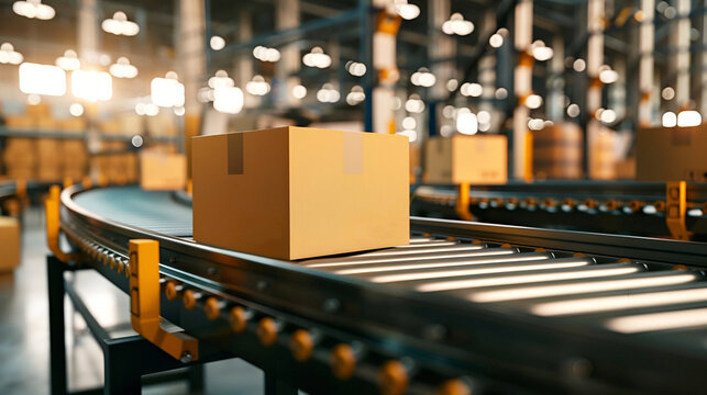 Modern warehouse with cardboard boxes on a conveyor belt for shipping, e-commerce and global delivery services.