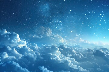Bright blue sky, fluffy white clouds covering the twinkling stars,