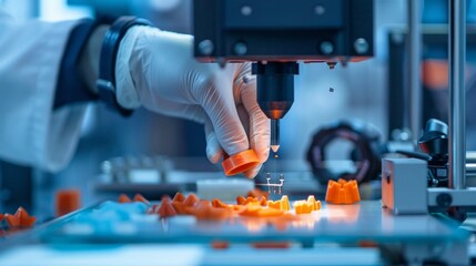 A closeup shot shows hands in white gloves working on an industrial 3D printer, printing small orange plastic parts for medical equipment production The background is blurred with blue and gray tones,